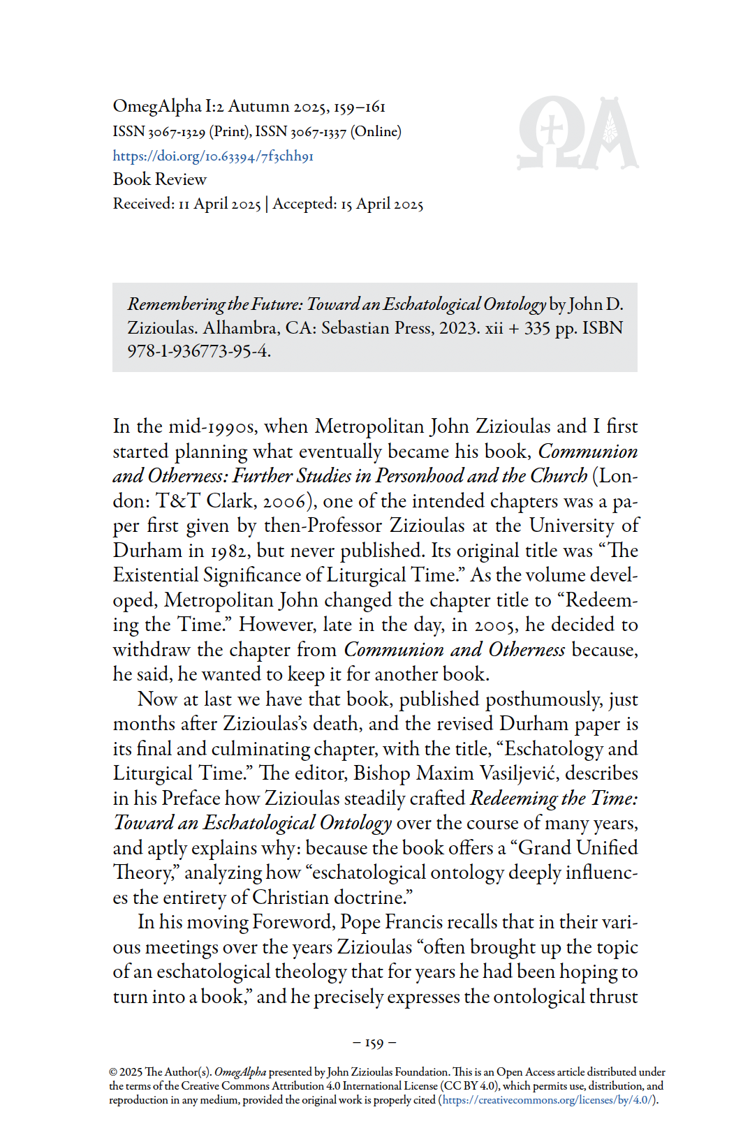 Paul McPartlan - Remembering the Future: Toward an Eschatological Ontology by John D. Zizioulas