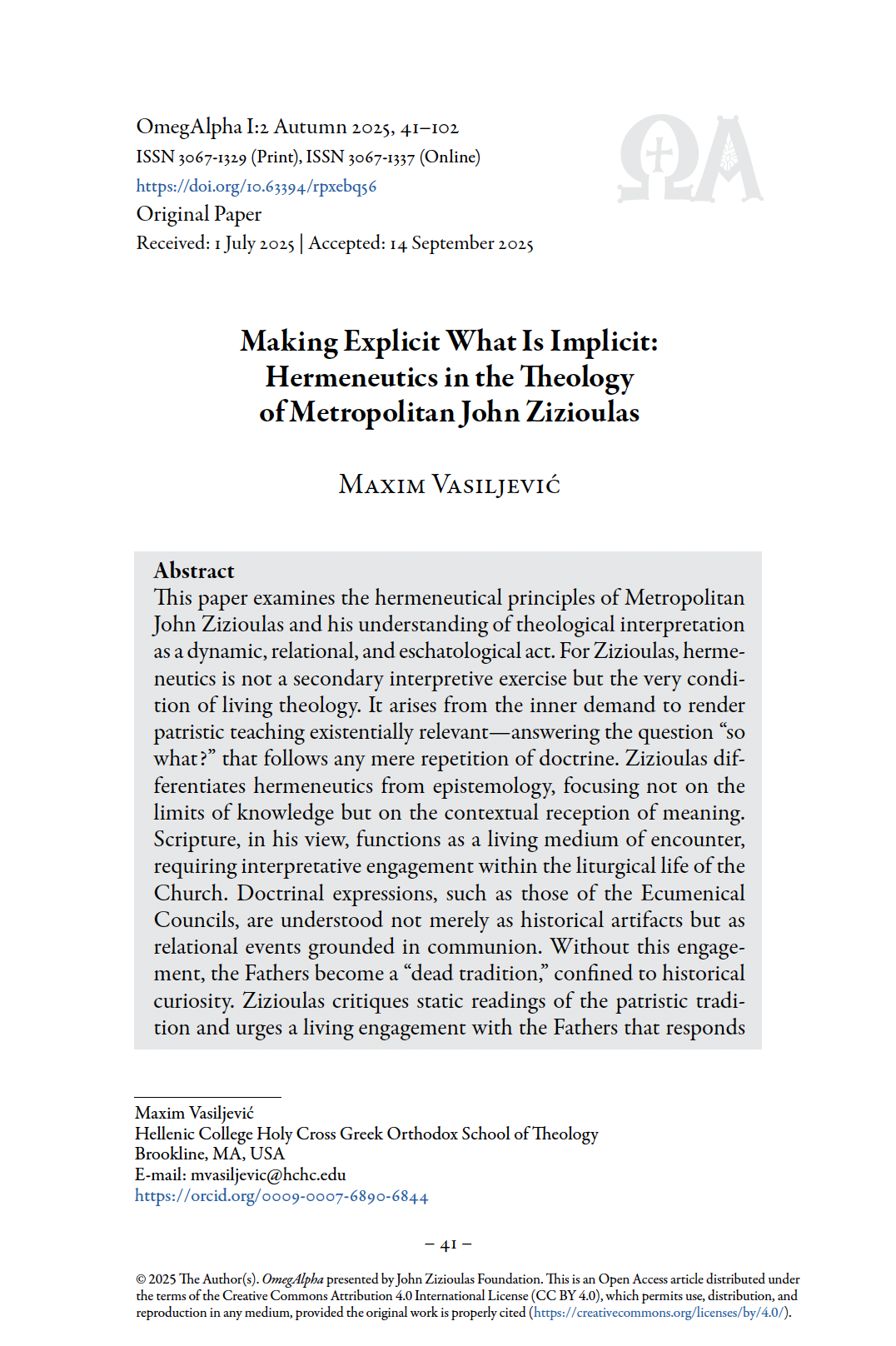 Maxim Vasiljević - Making Explicit What Is Implicit: Hermeneutics in the Theology of Metropolitan John Zizioulas