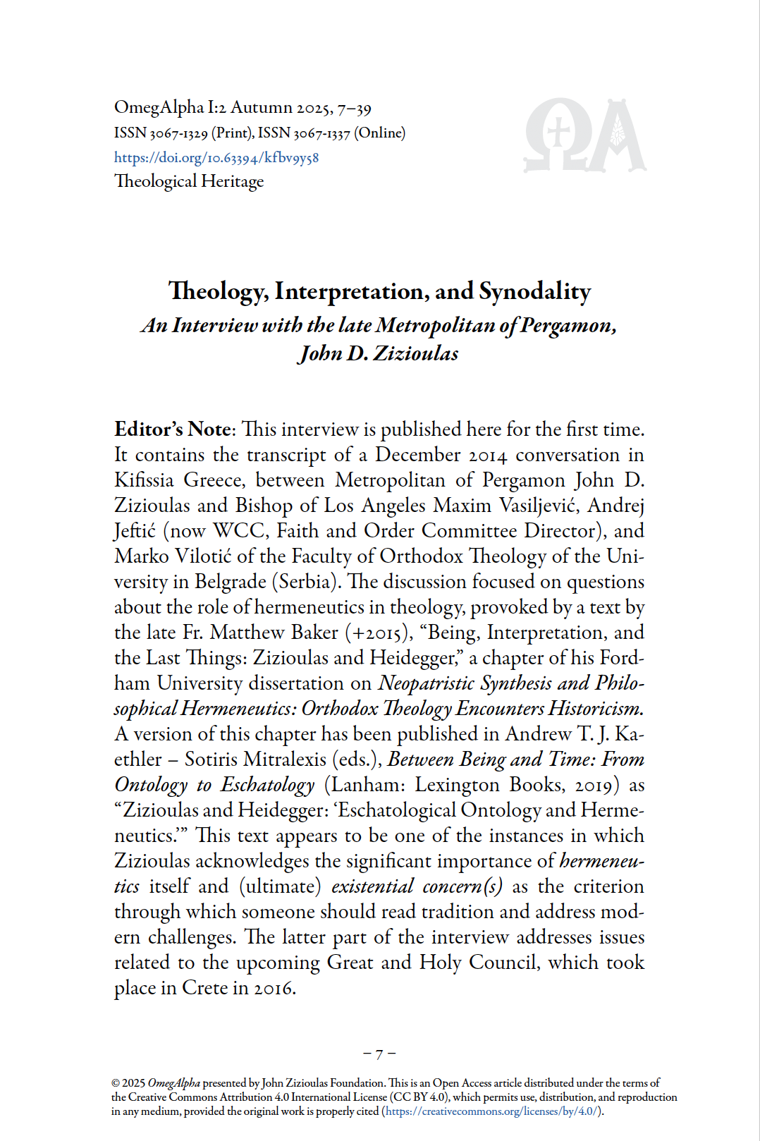 Theology, Interpretation, and Synodality: An Interview with the late Metropolitan of Pergamon, John D. Zizioulas