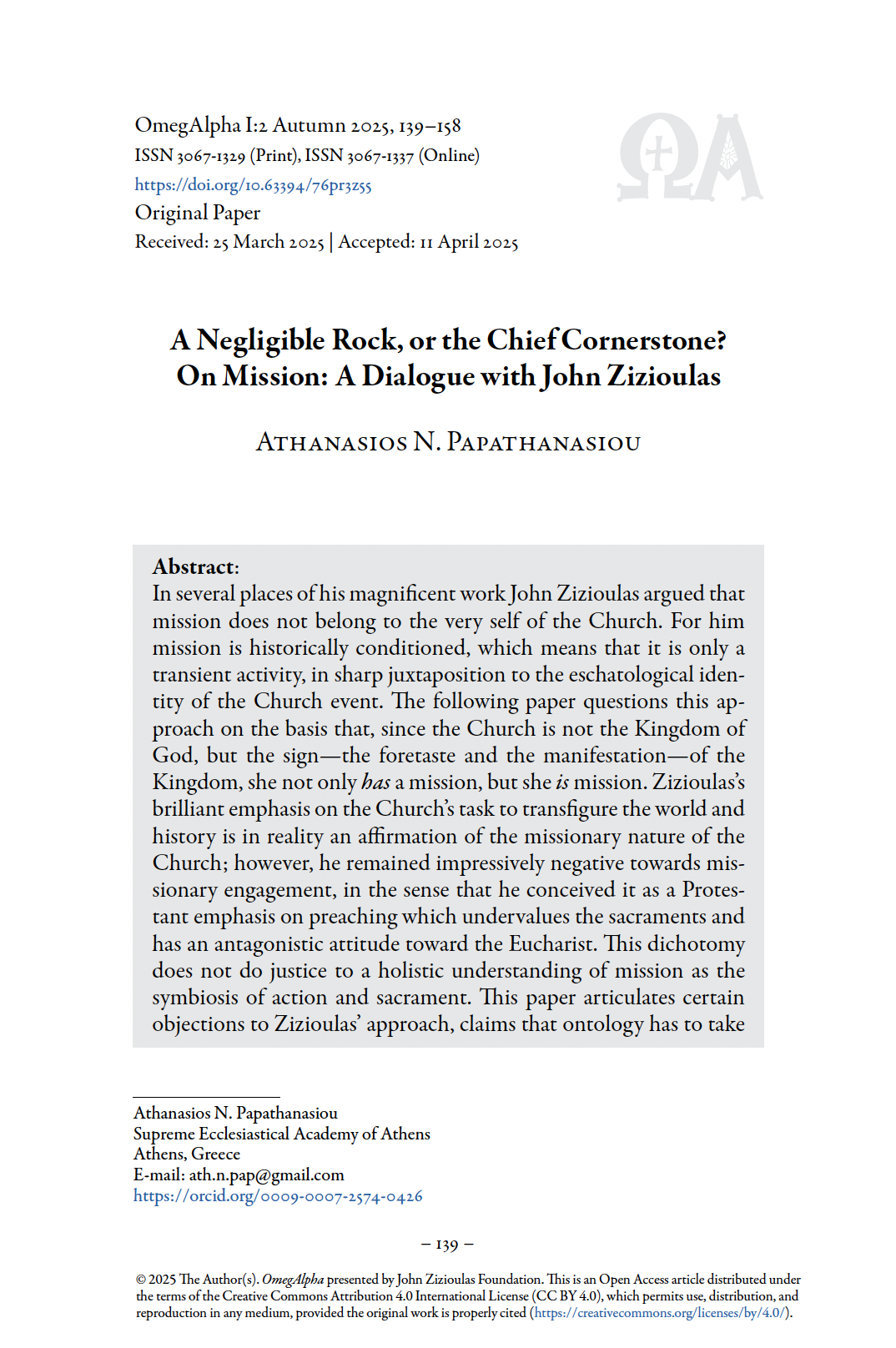 Athanasios N. Papathanasiou - A Negligible Rock, or the Chief Cornerstone? On Mission: A Dialogue with John Zizioulas