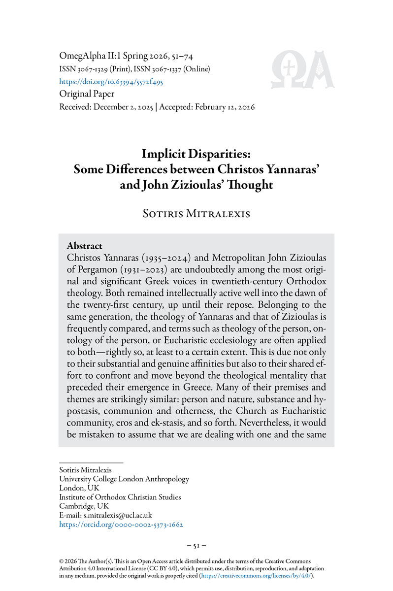 Sotiris Mitralexis - Implicit Disparities: Some Differences between Christos Yannaras’ and John Zizioulas’ Thought