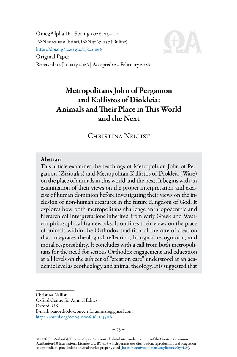 Christina Nellist - Metropolitans John of Pergamon and Kallistos of Diokleia: Animals and Their Place in This World and the Next